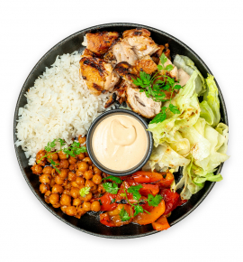 Burrito bowl with grilled chicken, chickpeas, Chitpole and cheese sauce